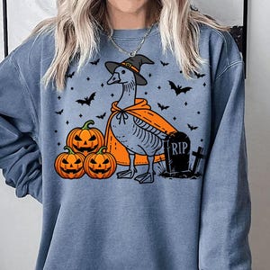 May include: A blue sweatshirt with a graphic of a goose wearing a witch hat and holding a pumpkin. The goose is standing in front of a tombstone that says "RIP". There are three pumpkins in the bottom left corner of the image.
