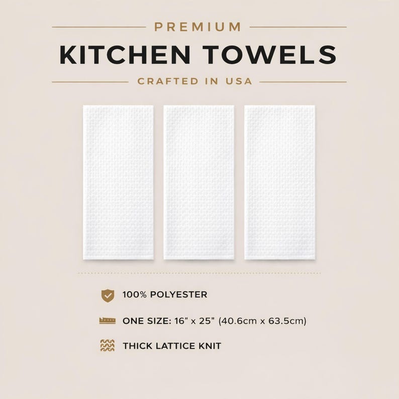 K&ouml;nnte beinhalten: Drei wei&szlig;e K&uuml;chent&uuml;cher mit dickem Gitterstrickmuster. Die T&uuml;cher bestehen aus 100 % Polyester und messen 40,6 cm x 63,5 cm. Der Text "PREMIUM KITCHEN TOWELS CRAFTED IN USA" ist &uuml;ber den T&uuml;chern zu sehen.
