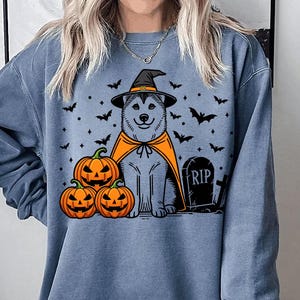 May include: A blue sweatshirt with a graphic of a husky dog wearing a witch hat and holding pumpkins. The text "RIP" is on a tombstone in the image.