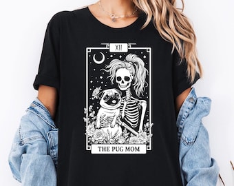 Camiseta de tarot para mamá carlino, camiseta de esqueleto carlino, regalo de Halloween para perro carlino, camiseta para amantes de los carlinos, camiseta de mamá carlino, camiseta de Halloween para mamá carlino