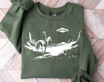 UFO Cowboy Sweatshirt | Western Graphic Sweater | Vintage Rodeo Cowboy  | Horseback Rider Sweatshirt | Country Gifts