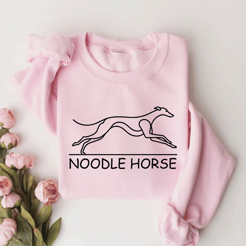 May include: Pink sweatshirt with a black line drawing of a greyhound dog running and the text "NOODLE HORSE" below the dog.