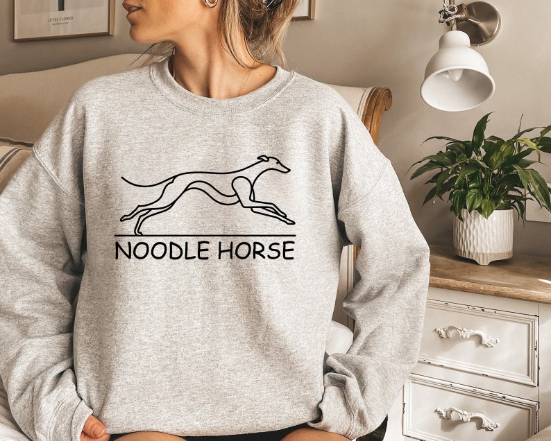 May include: A gray sweatshirt with a black line drawing of a running dog and the text "NOODLE HORSE" printed on the front.