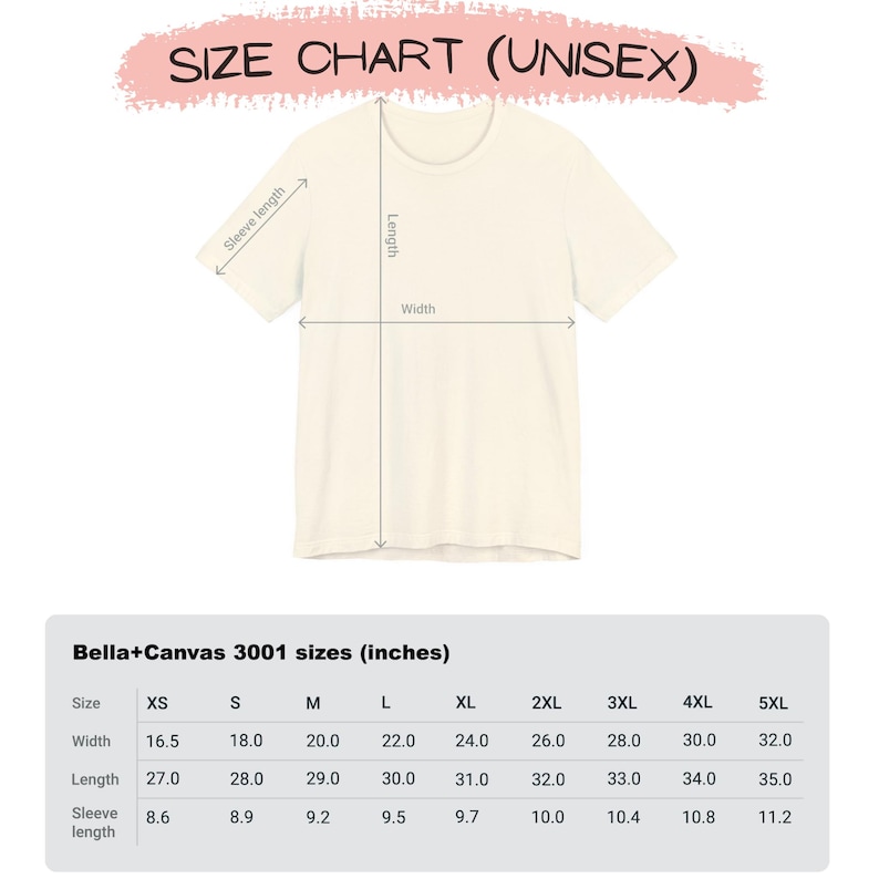 May include: Cream-coloured unisex t-shirt with a size chart. The chart, labelled "Bella+Canvas 3001 sizes (inches)," details measurements for XS to 5XL sizes, including width, length, and sleeve length in inches. The text "SIZE CHART (UNISEX)" is at the top.