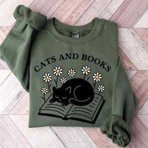Cats And Books Sweatshirt | Book Lover Gift | Reading Cat Sweatshirt | Cat Mom Sweater | Black Cat Bookish Sweatshirt | Reading Sweater