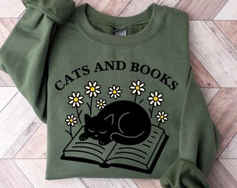Sudadera de gatos y libros / Regalo para amantes de los libros / Sudadera de gato lector / Suéter para mamá gata / Sudadera de gato negro lector / Suéter de lectura