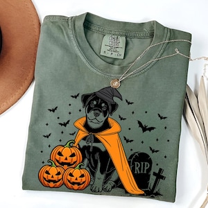 May include: Sage green t-shirt featuring a Halloween-themed graphic. The design includes a black dog wearing a witch hat and orange cape, with three carved pumpkins, bats, and a tombstone. A silver necklace is draped across the shirt.