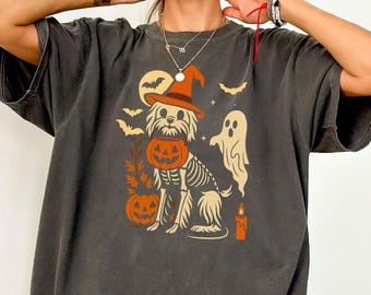 Comfort Colors Yorkie Halloween Shirt, Yorkshire Terrier T-Shirt, Spooky Yorkie Dog Tee, Yorkie Skeleton, Fall Yorkshire Terrier Mom Gift