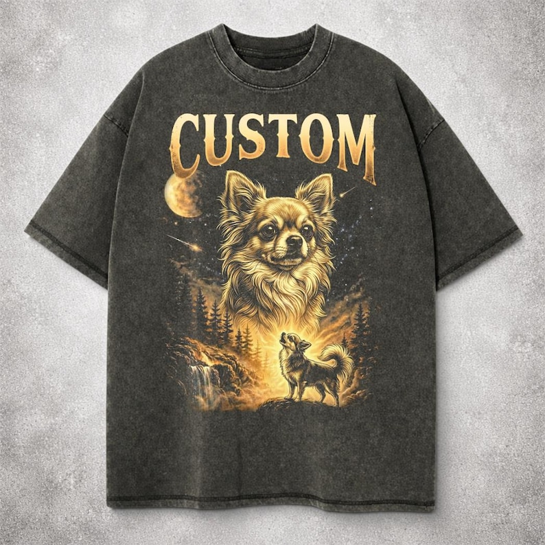 May include: Dark gray t-shirt with a custom design featuring a detailed illustration of a Chihuahua dog. The design includes the word "CUSTOM" in gold lettering, a moon, and a forest scene with a waterfall.