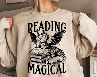 Reading Is Magical Sweatshirt | Fantasy Dragon Bookworm Gift | Bookish Sweater for Readers | Magical Reader Sweatshirt | Dragon Lover Gift