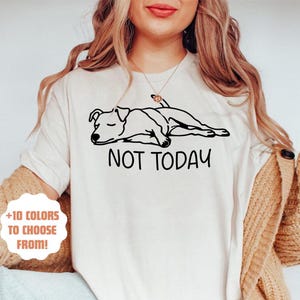 May include: White t-shirt featuring a black line drawing of a dog sleeping with the text "NOT TODAY" underneath.
