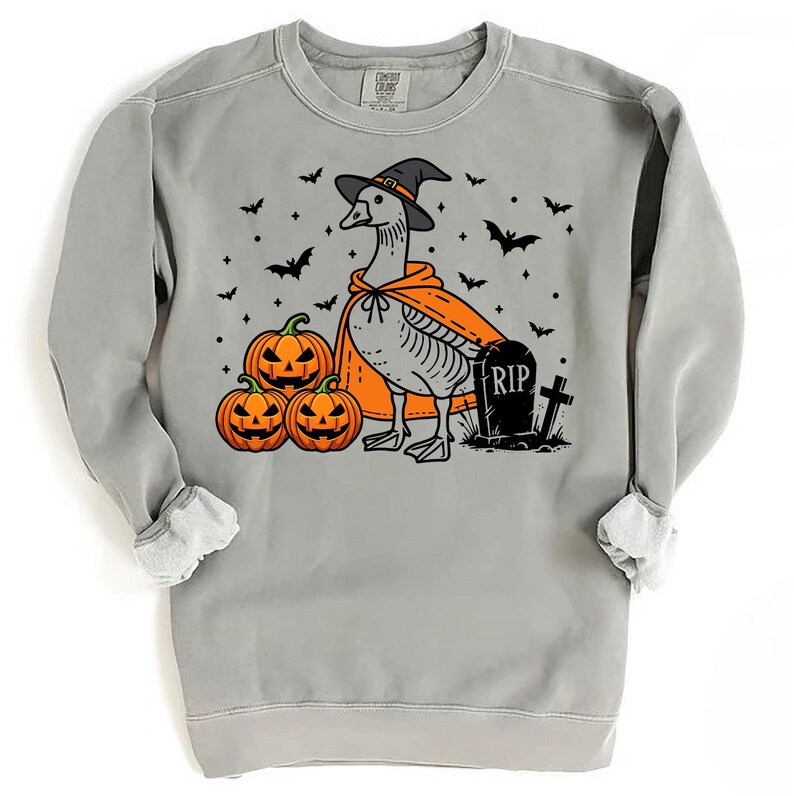 May include: A gray sweatshirt with a graphic of a goose wearing a witch hat and a cape. The goose is standing next to a tombstone that says "RIP" and three pumpkins.