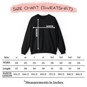 May include: Size chart for a sweatshirt in sizes S through 5XL. The chart shows measurements in inches for width, length, and sleeve length.