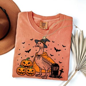 Puede incluir: Una camiseta de color melocot&oacute;n con una ilustraci&oacute;n de dibujos animados de un ganso con un sombrero de bruja y sosteniendo una calabaza. El ganso est&aacute; rodeado de murci&eacute;lagos y calabazas. El texto "RIP" est&aacute; en una l&aacute;pida.