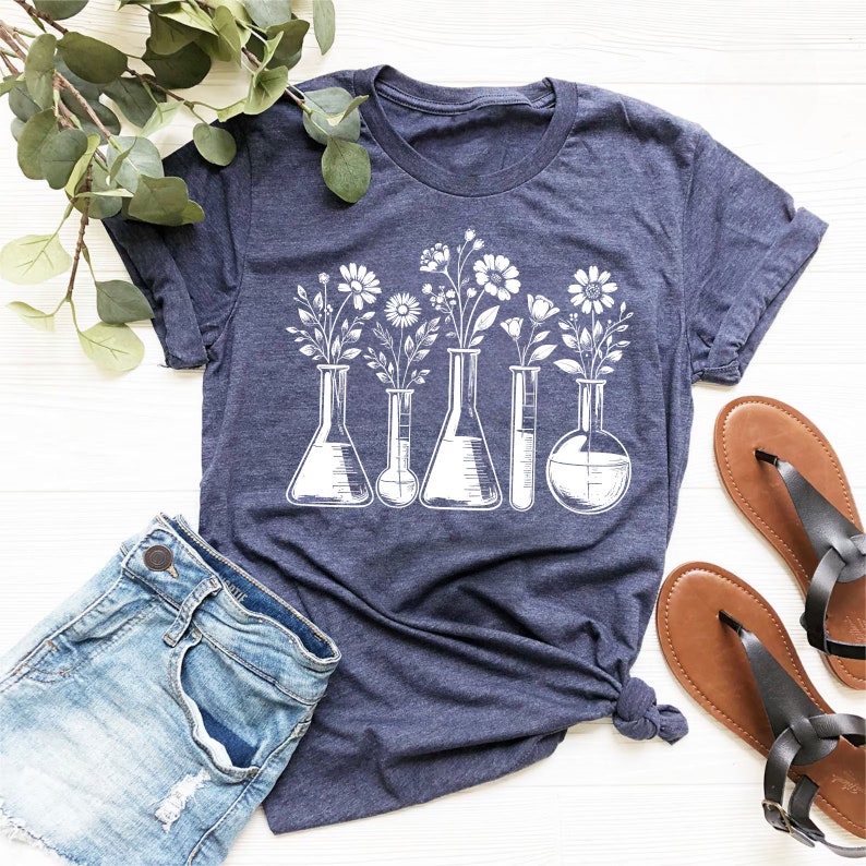 Sleek Beaker Botanical Tee Modern Science Teacher Shirt Chemist Lab