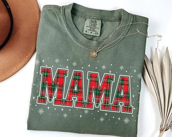Comfort Colors Plaid Mama Christmas Shirt | Merry Christmas Shirt | Mama T-Shirt | Xmas Gift for Moms | Cute Mama Christmas Gift