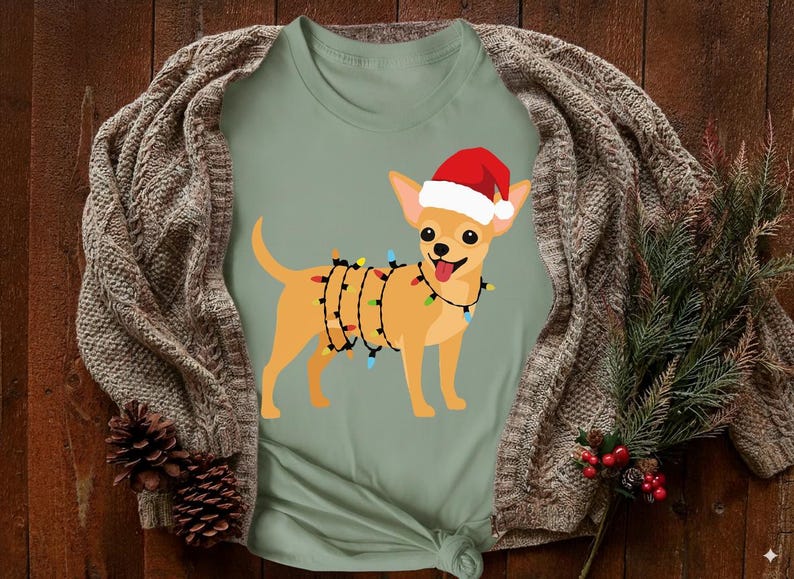 May include: A light green t-shirt featuring a cartoon chihuahua wearing a Santa hat and wrapped in Christmas lights. The dog is smiling with its tongue out. The shirt is displayed on a wooden surface with a knitted sweater.