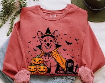 Corgi Halloween Sweatshirt | Spooky Corgi Witch Sweater | Pumpkin Corgi Dog Sweater | Funny Halloween Dog Lover Gift | Fall Corgi Sweater