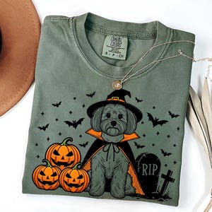 May include: A green t-shirt with a black and white illustration of a dog wearing a witch's hat and cape. The dog is surrounded by pumpkins and bats. The text "RIP" is on a tombstone.