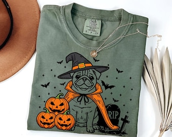Mops-Halloween-Shirt | Spooky Mops Hexe T-Shirt | Kürbis Mops Hund Tee | Lustiges Halloween-Hundeliebhabergeschenk | Herbst Pugkin Mops Hunde Shirt
