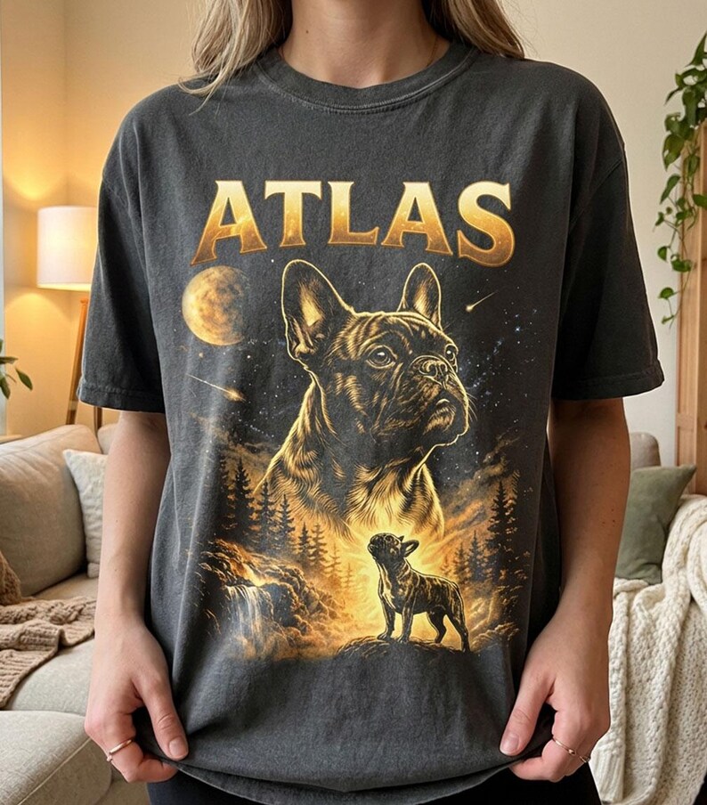 May include: Dark gray t-shirt featuring a golden illustration of a French Bulldog with the word "ATLAS" in gold lettering above. The design includes a night sky, moon, and a smaller dog silhouette.