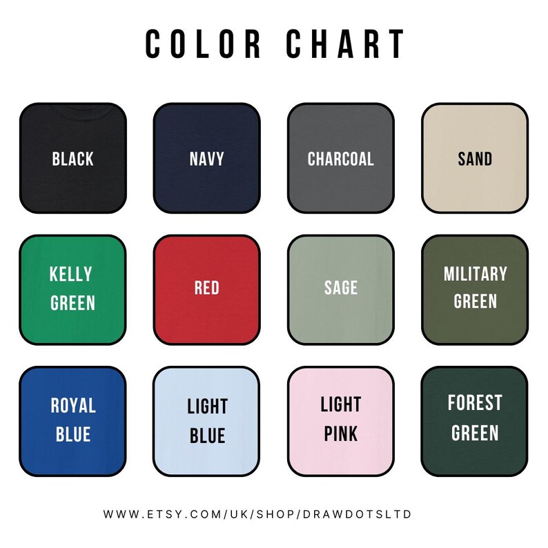 May include: A color chart displays a variety of fabric colors. The chart includes black, navy, charcoal, and sand. Other colors include kelly green, red, sage, military green, royal blue, light blue, light pink, and forest green.