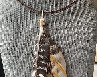 Handmade adjustable leather choker with painted turkey feathers