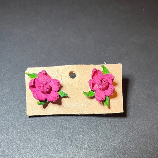 Hot pink floral studs - handmade, lightweight leather earrings