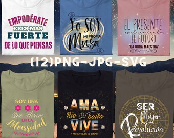 May include: Six t-shirts with motivational Spanish quotes in various colours. The shirts display phrases like "Empodérate" and "Yo Soy Mi Propia Musa". The collection includes shirts in white, blue, and olive green, each with unique text designs.