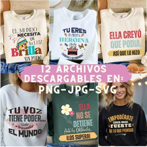 Pu&ograve; includere: Un set di 12 download digitali per design stampabili con citazioni ispiratrici in spagnolo. I design includono frasi come "El Mundo Necesita de tu Luz Brilla Sin Miedo" e "Tu Eres Tu Propia Heroina".