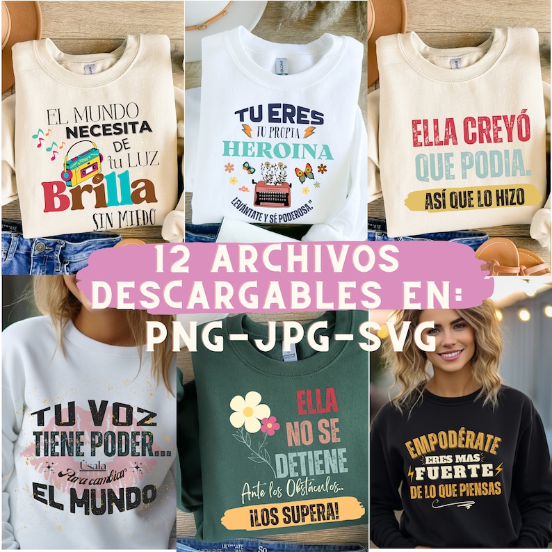 Pu&ograve; includere: Un set di 12 download digitali per design stampabili con citazioni ispiratrici in spagnolo. I design includono frasi come "El Mundo Necesita de tu Luz Brilla Sin Miedo" e "Tu Eres Tu Propia Heroina".