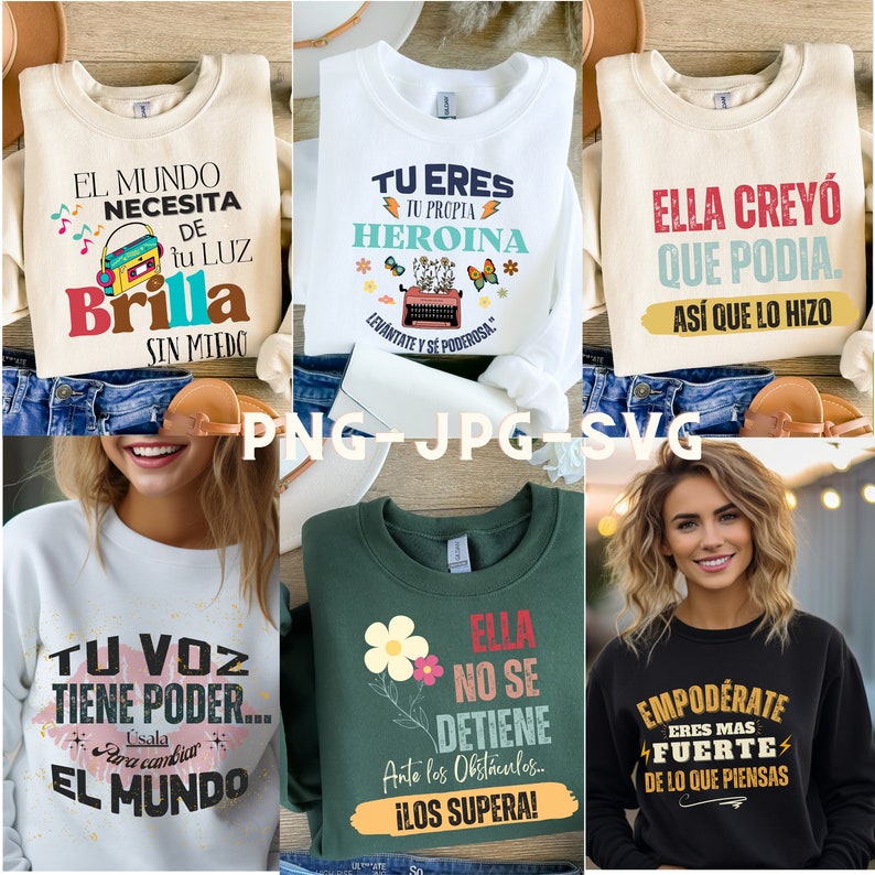 Pu&ograve; includere: Sei diversi design per t-shirt con testo e grafica in spagnolo. I design includono una macchina da scrivere, un fiore, una nota musicale, delle labbra e fulmini.