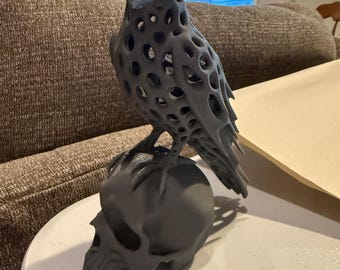 3D Printed Bird on Skull Statue | Gothic Bird Sculpture | Macabre Home Decor | Dark Fantasy Collectible