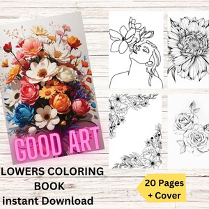 Flowers Coloring Book For beginners Digital 20 Pages kid&#39;s & Adults Printable