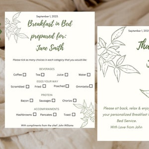 Ontbijt op bed bewerkbare sjabloon van 2 pagina's - Perfect cadeau voor speciale gelegenheden - Direct aanpasbaar in Canva - Digitale download