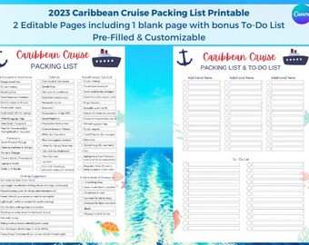 Ultimate Caribbean Cruise Packing List - 2 Page Printable with Packing List and To-Do List - Instant Download - Editable in Canva