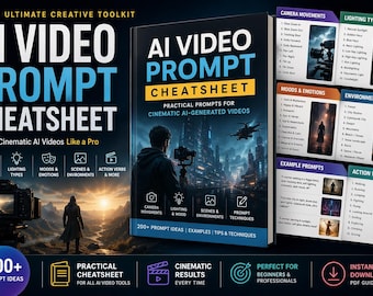 Guía rápida de indicaciones para vídeos con IA: indicaciones cinematográficas, ángulos de cámara, guía de iluminación (descarga digital)