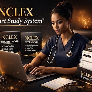 May include: A woman in a navy blue uniform with a stethoscope uses a laptop at a desk. The image features NCLEX study materials, including a progress tracker, workbook, and flashcards. The text "NCLEX Smart Study System" is displayed at the top.