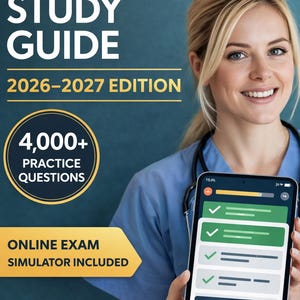 May include: A woman in blue scrubs holds a tablet displaying a checklist. The tablet shows a progress bar and checkmarks. The image includes text: NCLEX-RN STUDY GUIDE 2026-2027 EDITION, 4,000+ PRACTICE QUESTIONS, and ONLINE EXAM SIMULATOR INCLUDED.