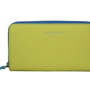 Yellow Leather Zip Around Wallet in Italian Pebble Grain – Aqua Blue Trim Handmade Full Grain Luxury Purse with Card Slots and Zip Pouch