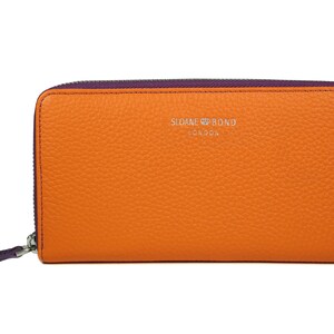 Zip Around Orange Leather Travel Wallet with Purple Trim | Handmade Slim Organizer for Women | Luxury Pebbled Purse | RFID Secure Gift