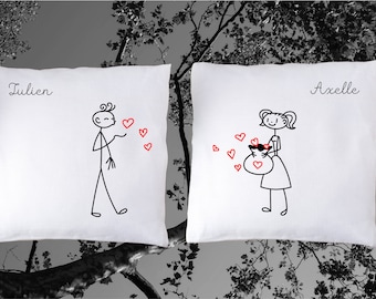 Duo Housses de coussin effet tissé -  Saint Valentin - cadeaux personnalisés - anniversaire - cadeau couple