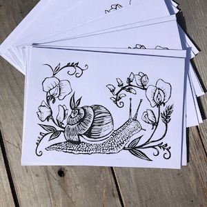 5-pack-originele linosnede print notitiekaarten-slak en zoete erwt-lente-pasen-bedankt-verjaardag- blanco binnenkant- zwarte inkt-5" x 7"
