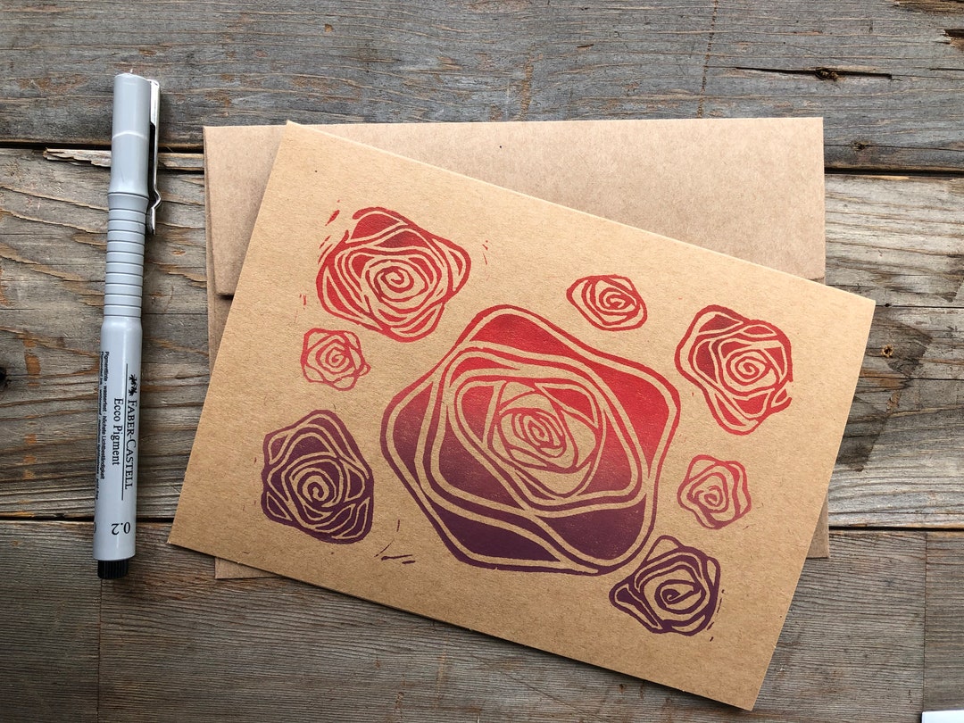 Block Print Note Card- Warm Tones - Floral- Blank, Included Envelope - Etsy