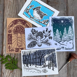 5er Pack Weihnachtskarten- Original Linolschnitt Notizkarten- Sonnenwende- Karten- Yule- Karten- Feiertags- Karten- Weihnachtskarten- Winter- Natur