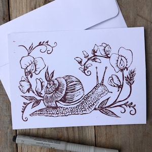 Linoldruck- Schnecke und Wicke- Grußkarte- Original Hand Gedruckt- Osterkarte- Geburstagskarte- Frühlings Karte- Magenta Tinte- 13x18cm