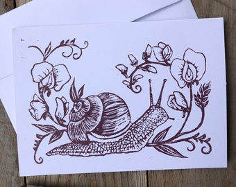 Linocut Print- Snail and Sweet Pea- Greeting Card- Original Hand Printed Card- Easter Card- Birthday Card- Spring Card- White/Magenta Ink