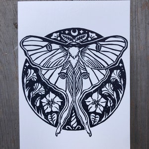 Biglietto di auguri con stampa linoleografica Luna Moth - Originale - Stampato a mano - 5" x 7" - Vuoto - Cartoncino bianco d'archivio - Inchiostro blu notte - Biglietto di compleanno