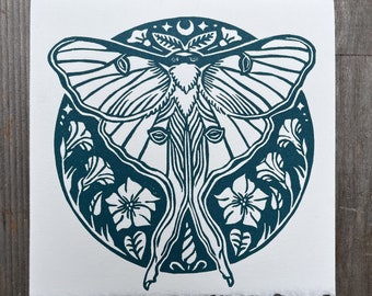 Luna Moth Linocut Note Card- Handmade Card- 5.25" x 5.25" Square- Deckled Edge- Blank- Includes Envelope- Emerald Green Ink- Birthday Card