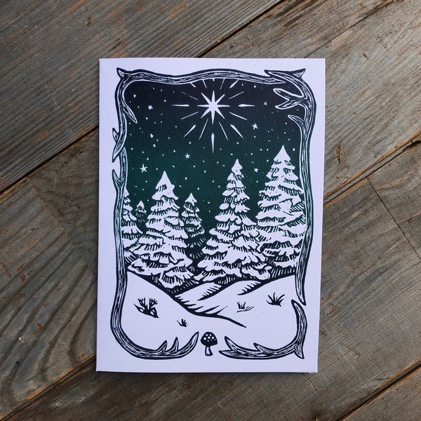 Linocut Print- Winter Night- Christmas Card- Holiday Card- Original Hand Printed Greeting Card- Art Card